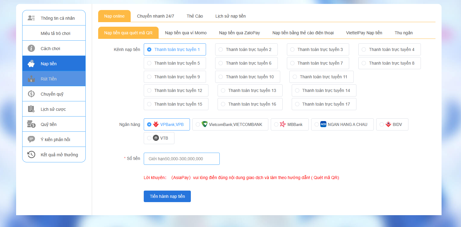 Gửi tiền nhanh chóng và dễ dàng vào nhà cái 123B