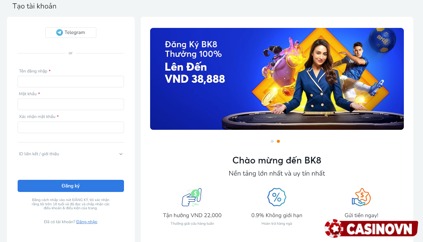 Đăng ký vào sòng bạc BK8 Đăng ký vào sòng bạc BK8
