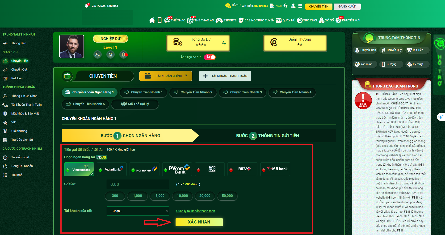 Lựa chọn phương thức gửi tiền vào casino Việt FB88