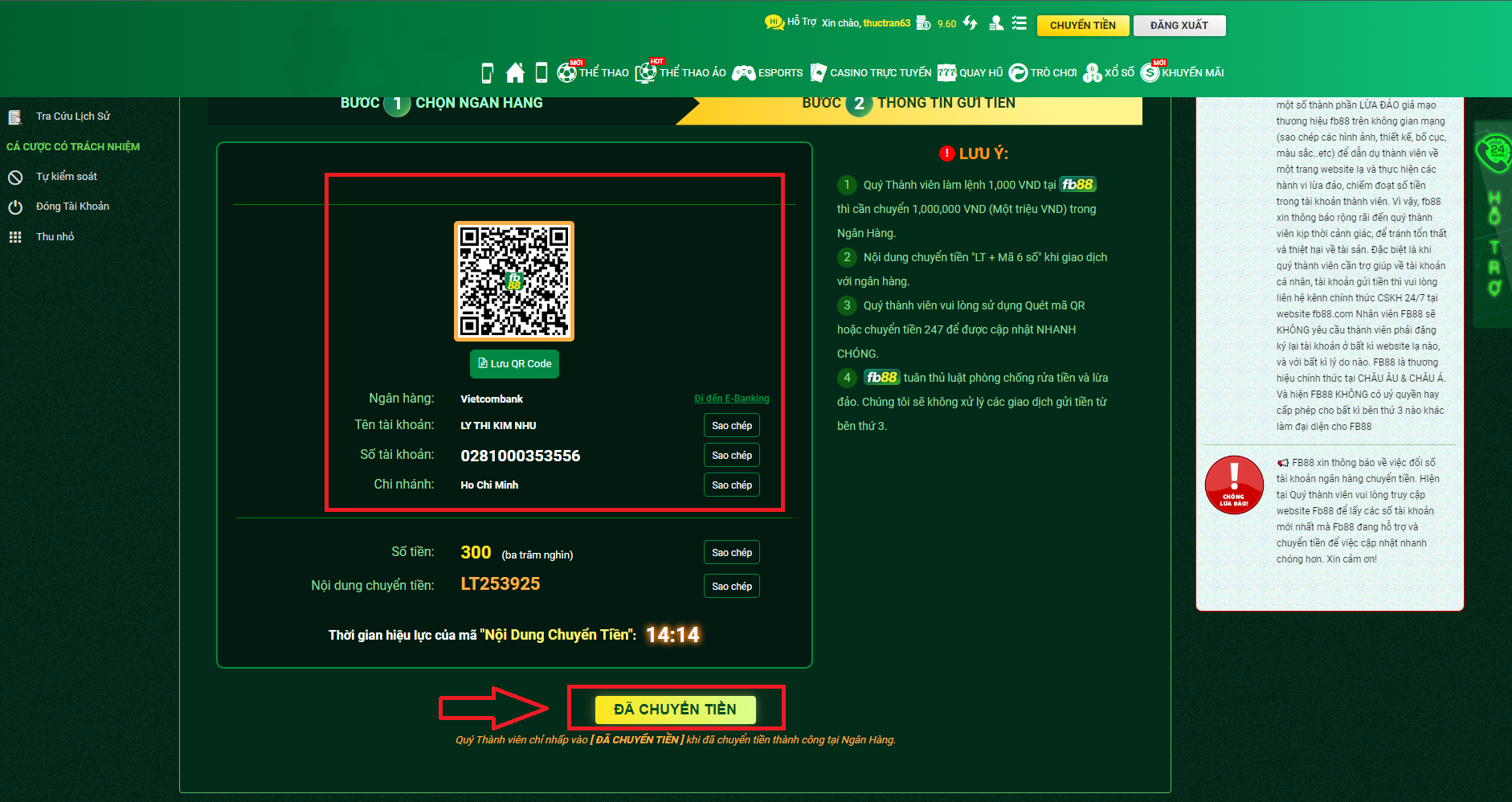 Gửi tiền dễ dàng vào nhà cái FB88 qua QRcode