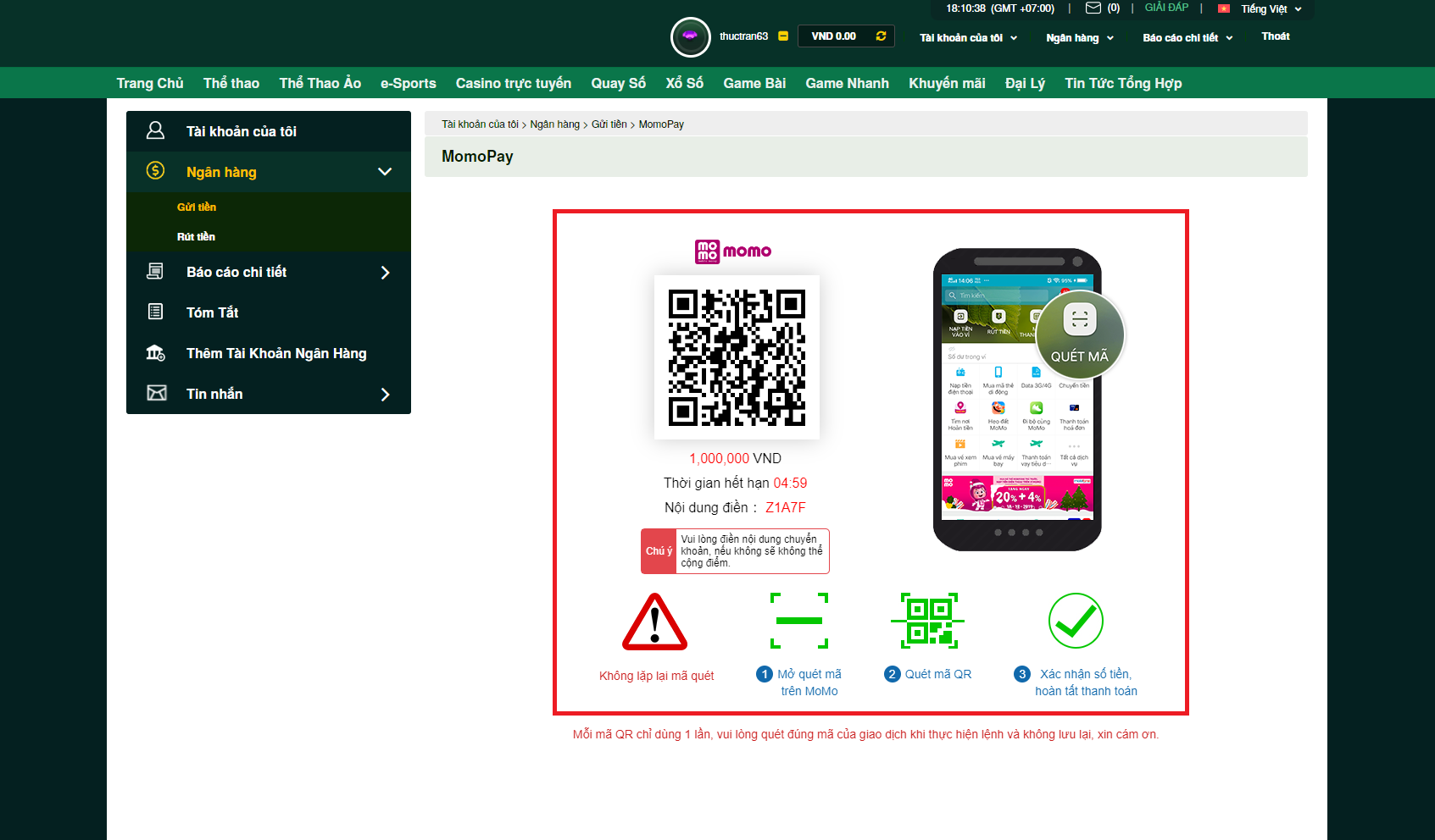 Quét mã QR an toàn để hoàn tất việc gửi tiền vào V9Bet